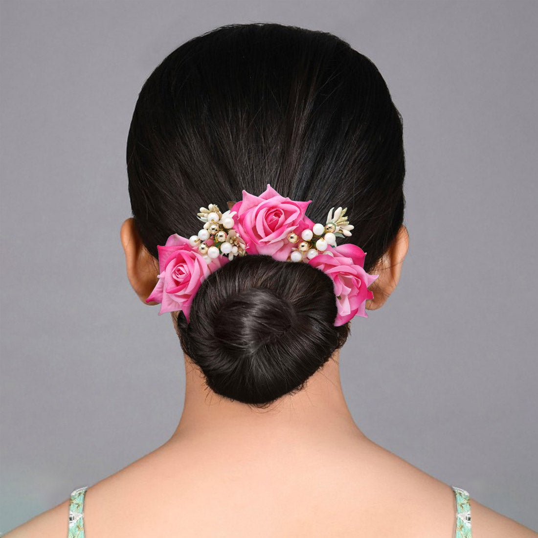 Pink Color Rose Flower Gajra For Women Hair Pin