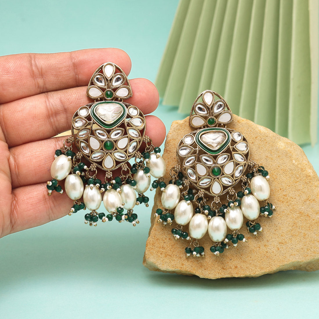 Green Color Kundan Earrings
