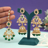 Green Color Kundan Earrings With Maang Tikka