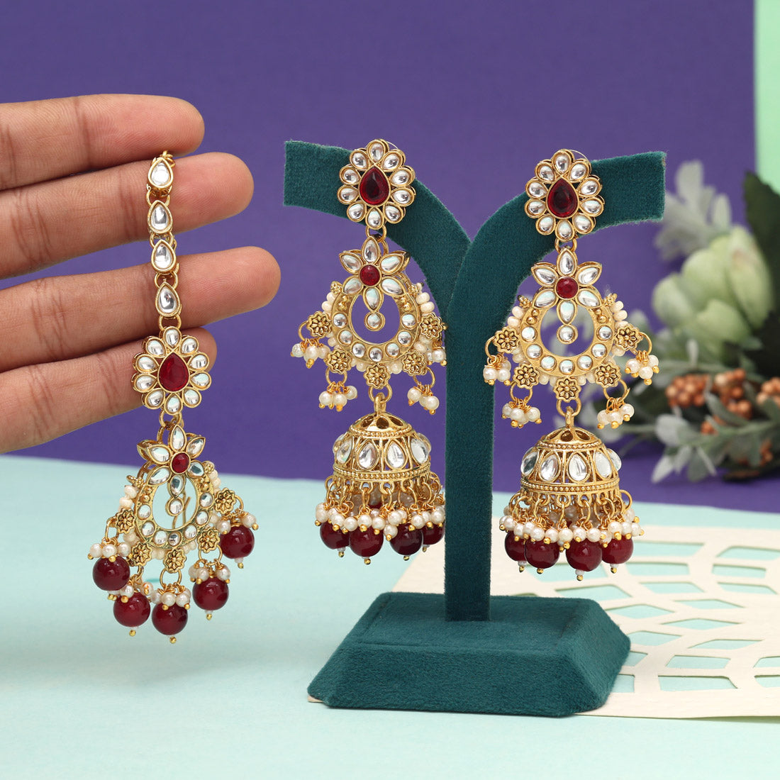 Maroon Color Kundan Earrings With Maang Tikka
