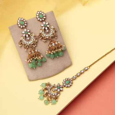 Pista Green Color Kundan Earrings With Maang Tikka