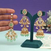 Pista Green Color Kundan Earrings With Maang Tikka