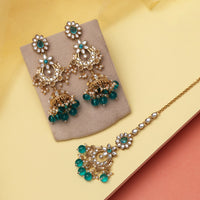 Turquoise Blue Color Kundan Earrings With Maang Tikka