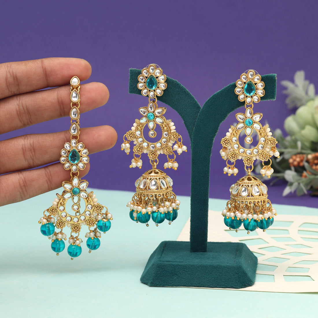 Turquoise Blue Color Kundan Earrings With Maang Tikka