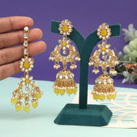 Yellow Color Kundan Earrings With Maang Tikka