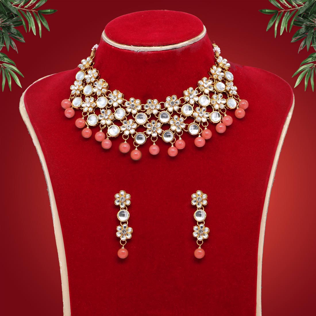 Peach Color Kundan Necklace Set