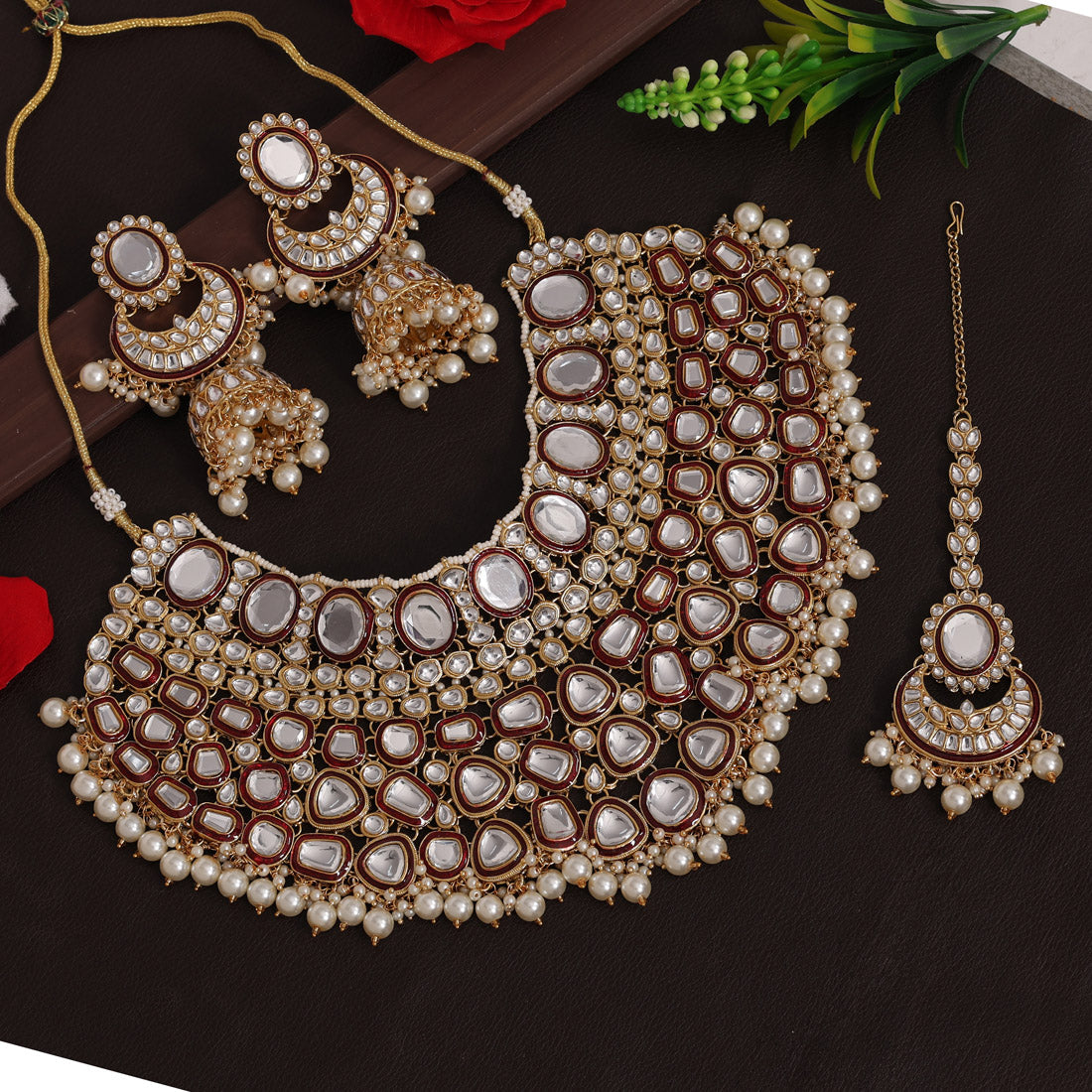 Maroon Color Kundan Necklace Set