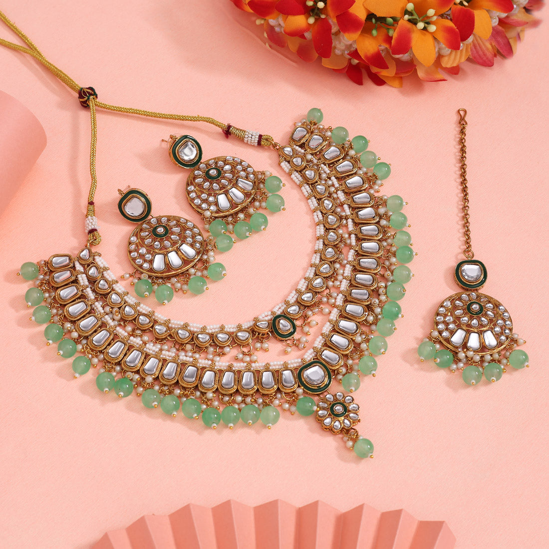Pista Green Color Kundan Necklace Set