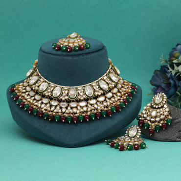 Maroon & Green Color Kundan Necklace Set