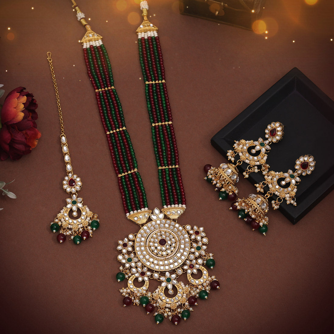 Maroon & Green Color Long Kundan Necklace Set