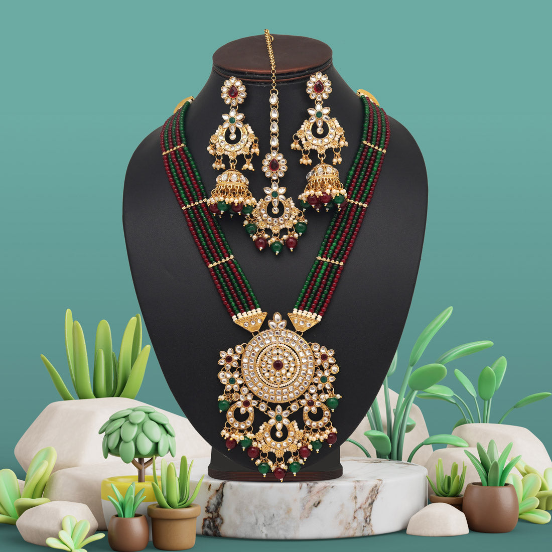 Maroon & Green Color Long Kundan Necklace Set