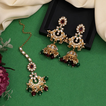 Maroon & Green Color Long Kundan Necklace Set