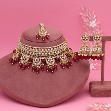 Maroon Color Choker Kundan Necklace Set