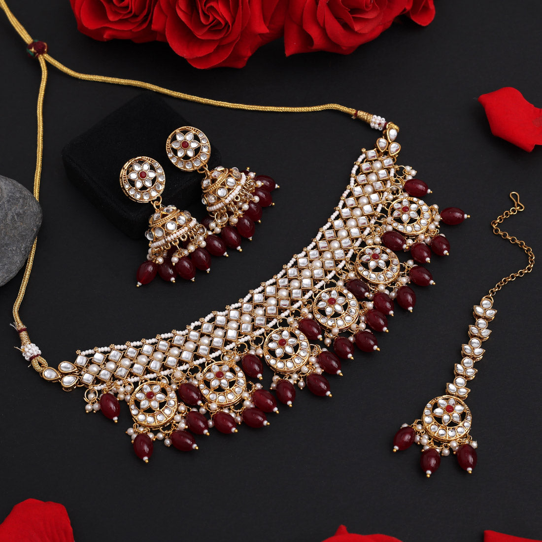 Maroon Color Choker Kundan Necklace Set