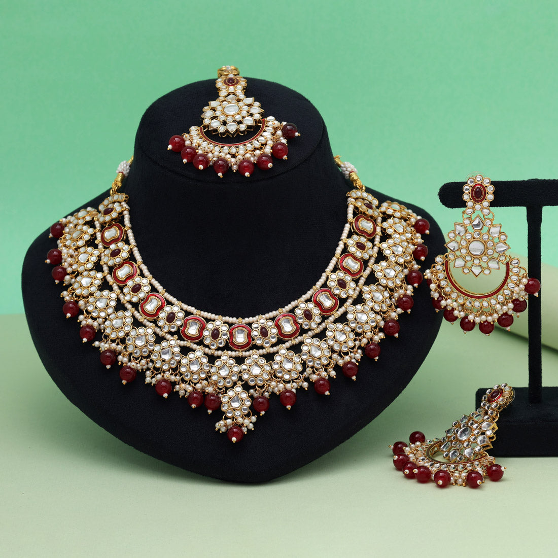 Maroon Color Meena Work Kundan Necklace Set