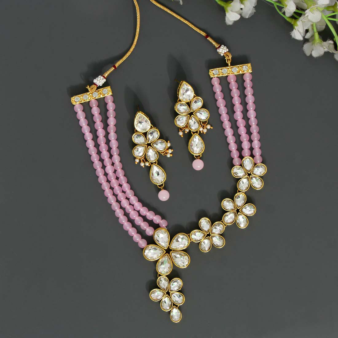 Pink Color Kundan Necklace Set