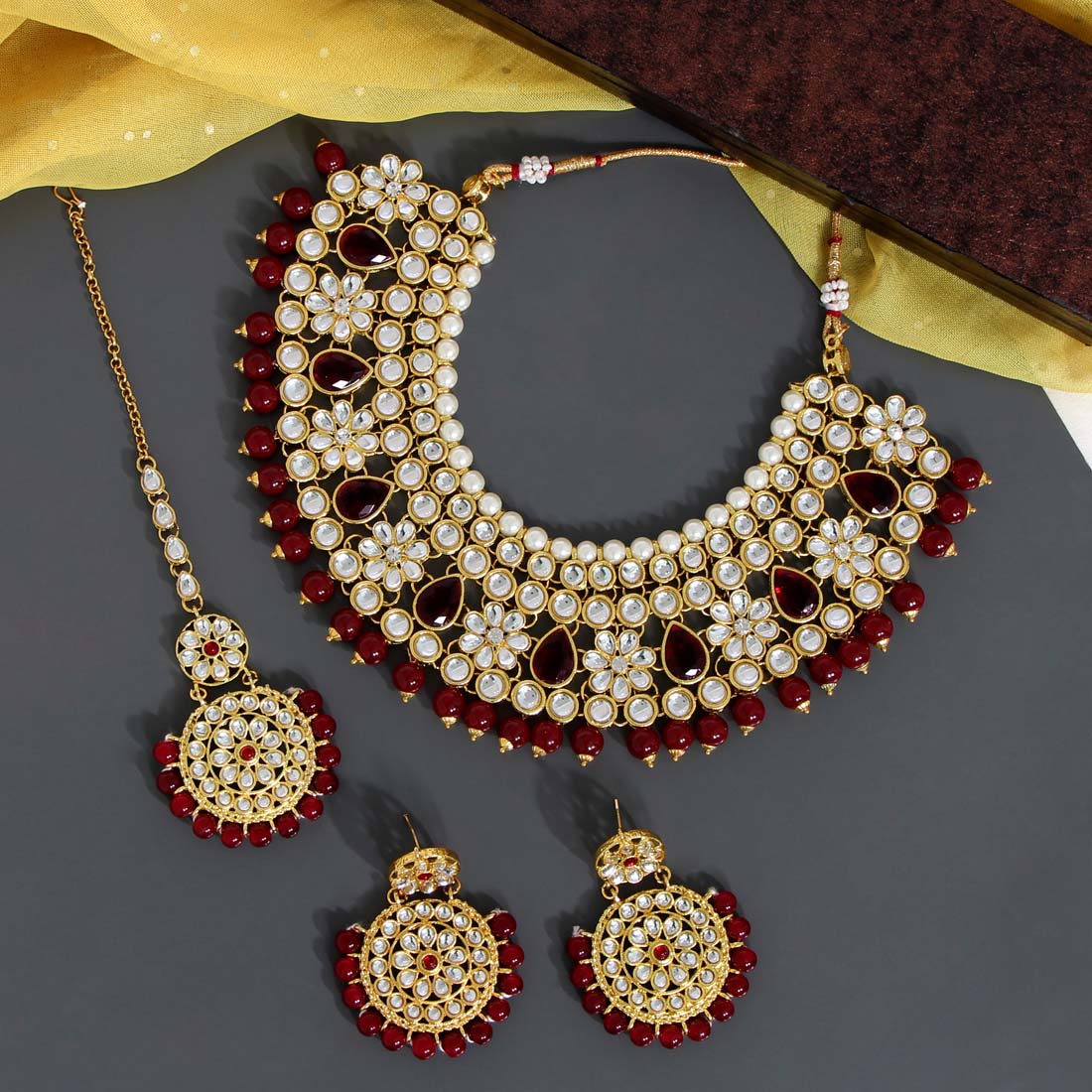 Maroon Color Kundan Necklace Set