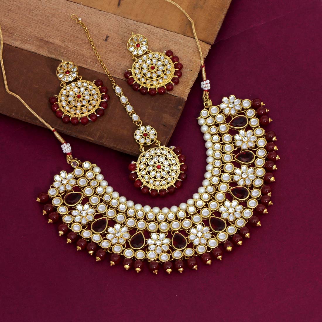 Maroon Color Kundan Necklace Set