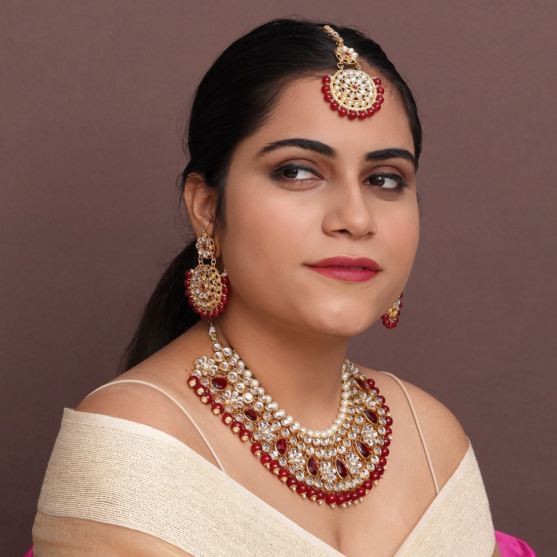 Maroon Color Kundan Necklace Set