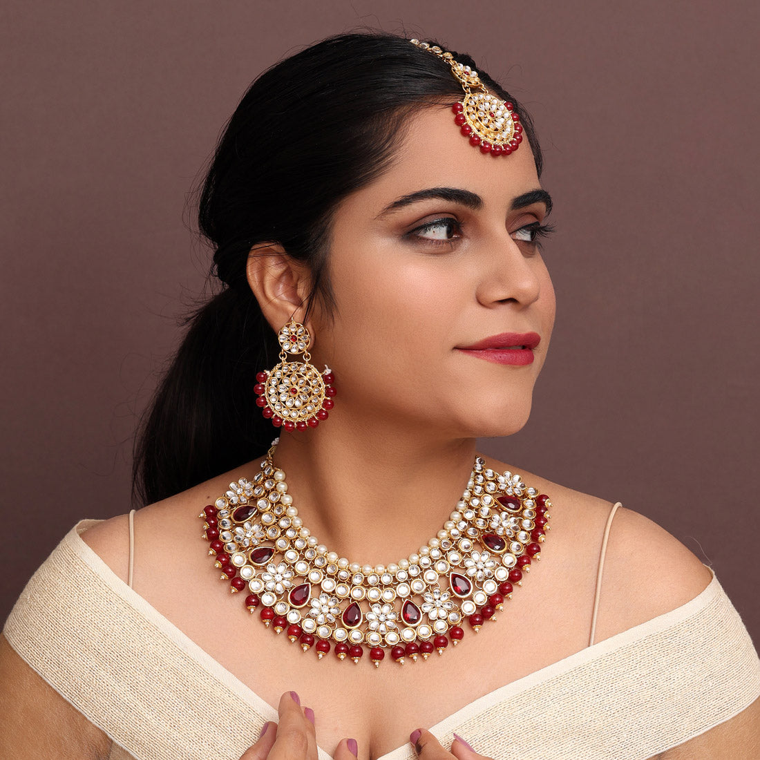 Maroon Color Kundan Necklace Set