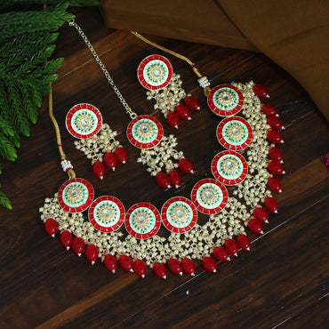 Red Color Kundan Meenakari Necklace Set