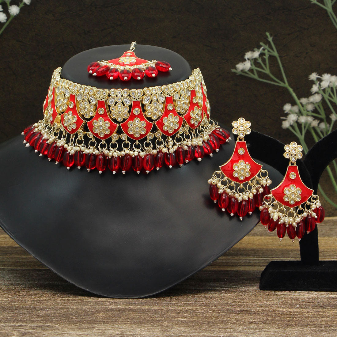 Red Color Choker Kundan Meenakari Necklace Set