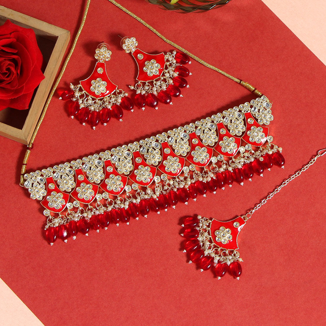 Red Color Choker Kundan Meenakari Necklace Set