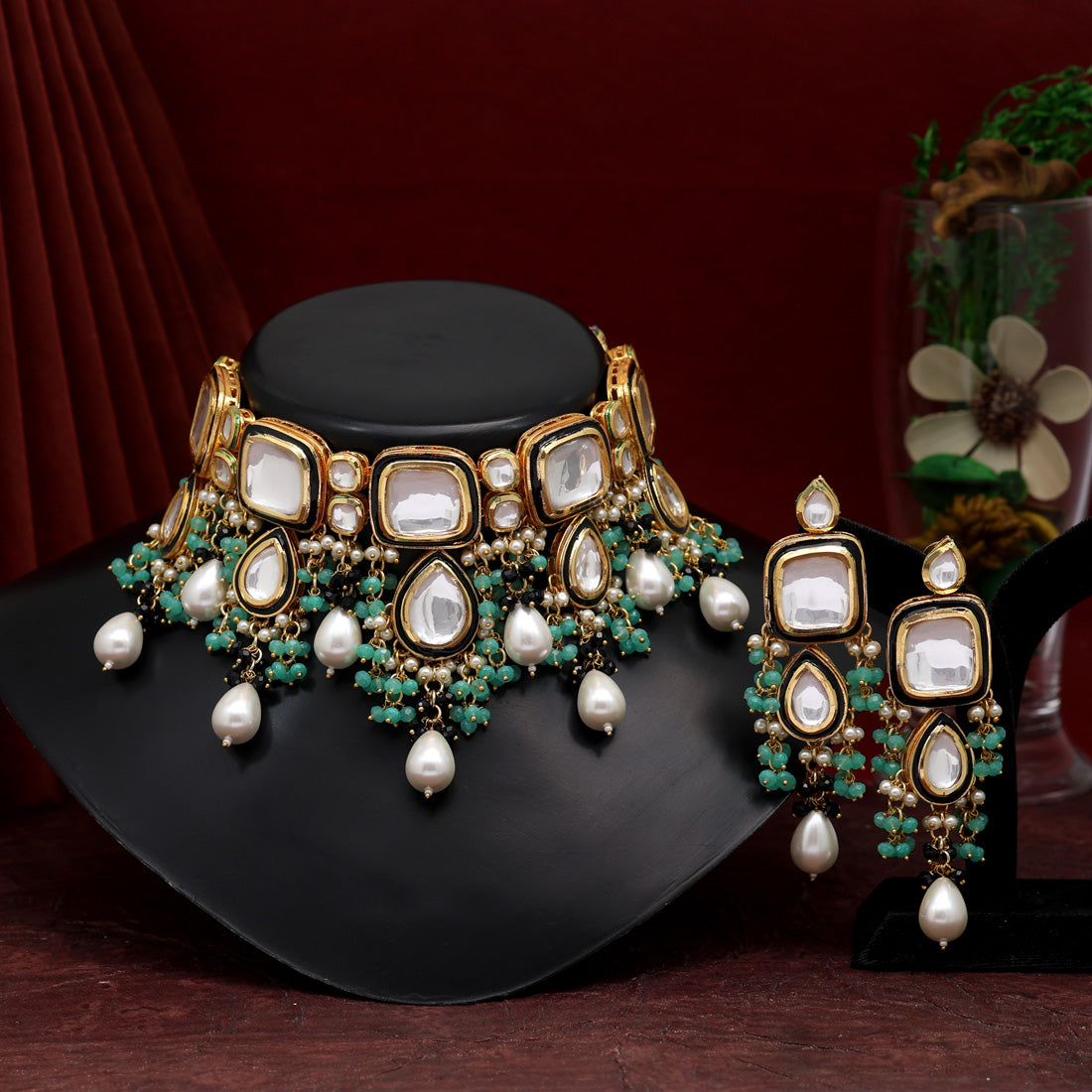 Black Color Kundan Meenakari Choker Necklace Set