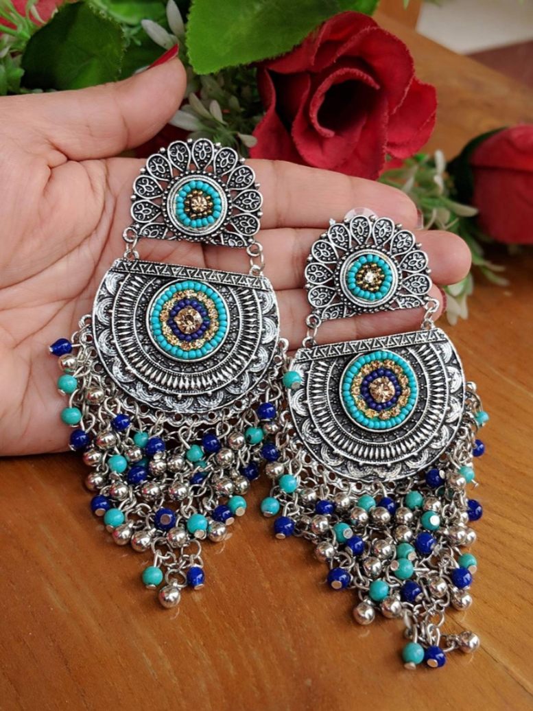 Oxidized Silver Designer Multi Poth D Stud with Chandbali bead Ghunghru Jaal Earring
