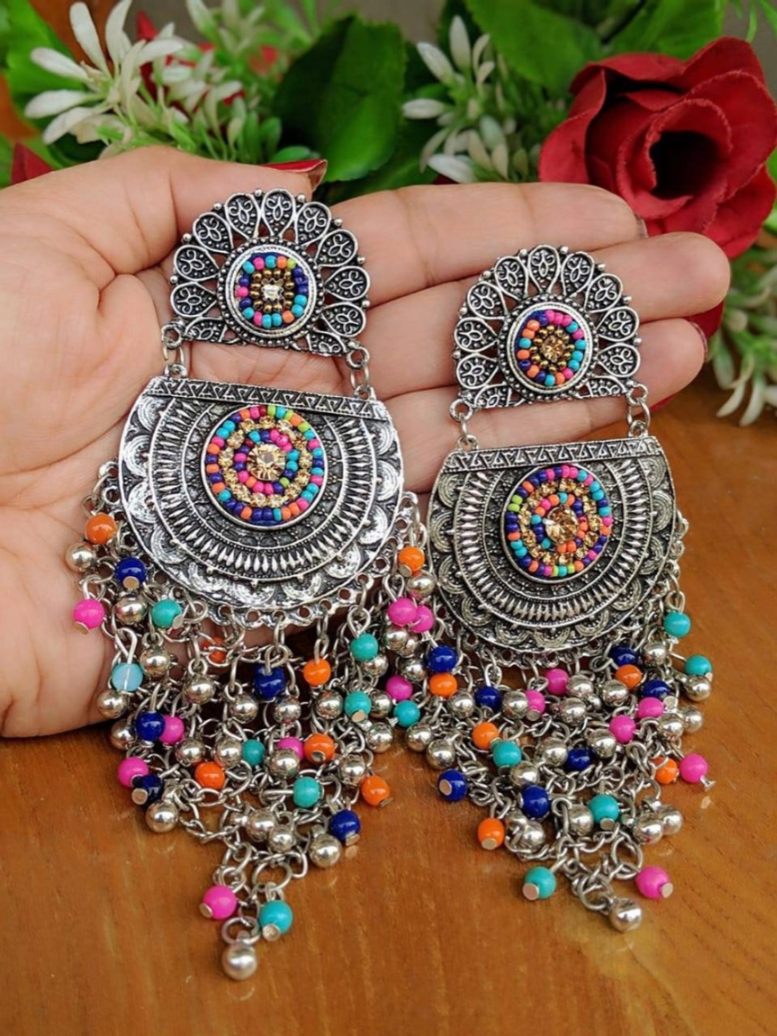 Oxidized Silver Designer Multi Poth D Stud with Chandbali bead Ghunghru Jaal Earring