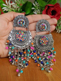 Oxidized Silver Designer Multi Poth D Stud with Chandbali bead Ghunghru Jaal Earring