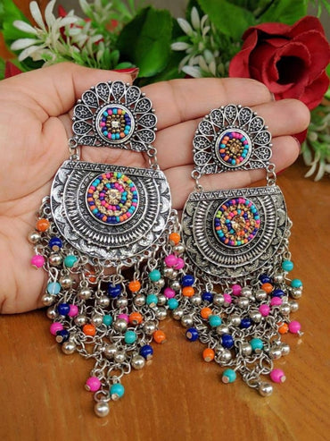 Oxidized Silver Designer Multi Poth D Stud with Chandbali bead Ghunghru Jaal Earring