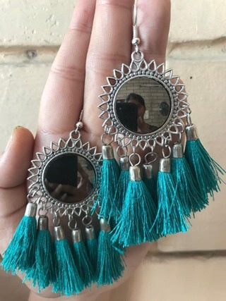 Oxidised Silver Afghani Mirror With Teal tassels Earring