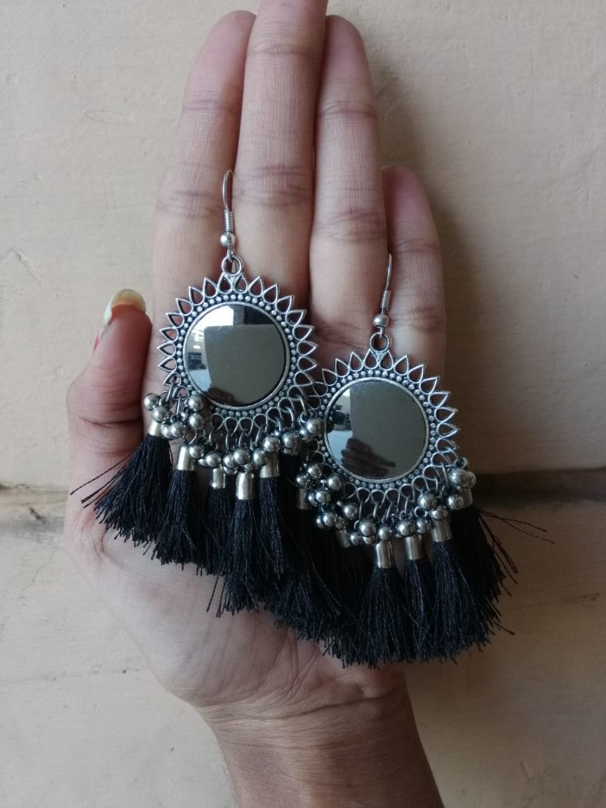 Oxidised Silver Afghani Mirror With Teal tassels Earring