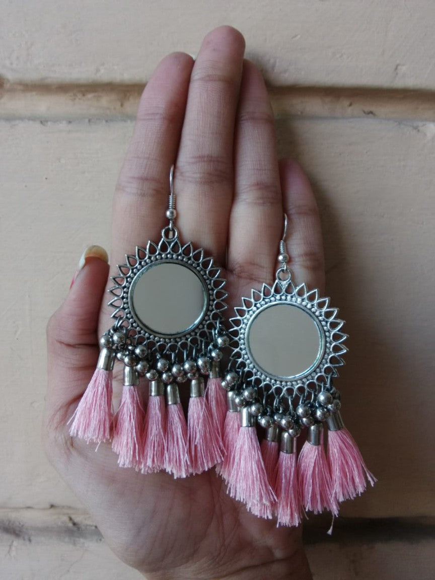 Oxidised Silver Afghani Mirror With Teal tassels Earring