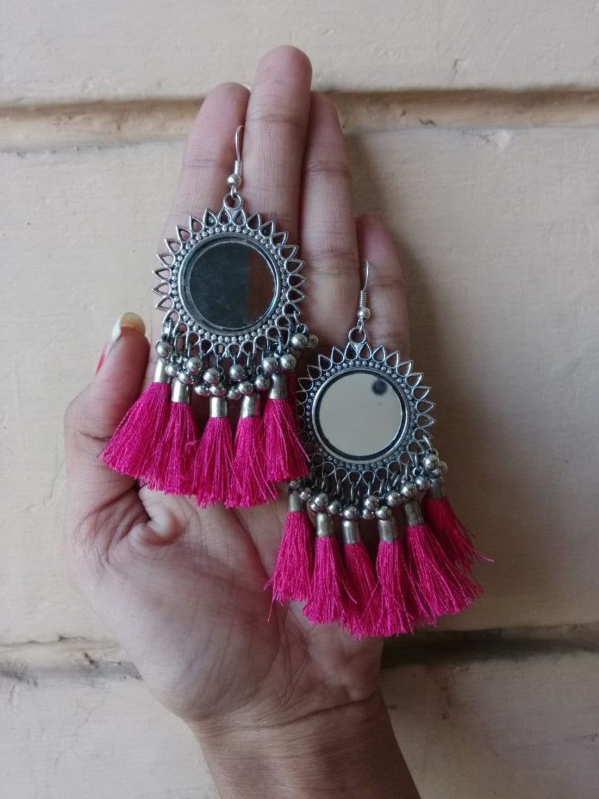 Oxidised Silver Afghani Mirror With Teal tassels Earring