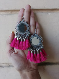 Oxidised Silver Afghani Mirror With Teal tassels Earring