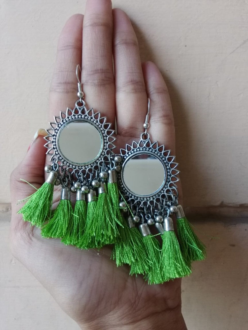 Oxidised Silver Afghani Mirror With Teal tassels Earring
