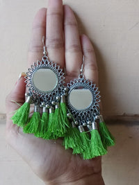 Oxidised Silver Afghani Mirror With Teal tassels Earring