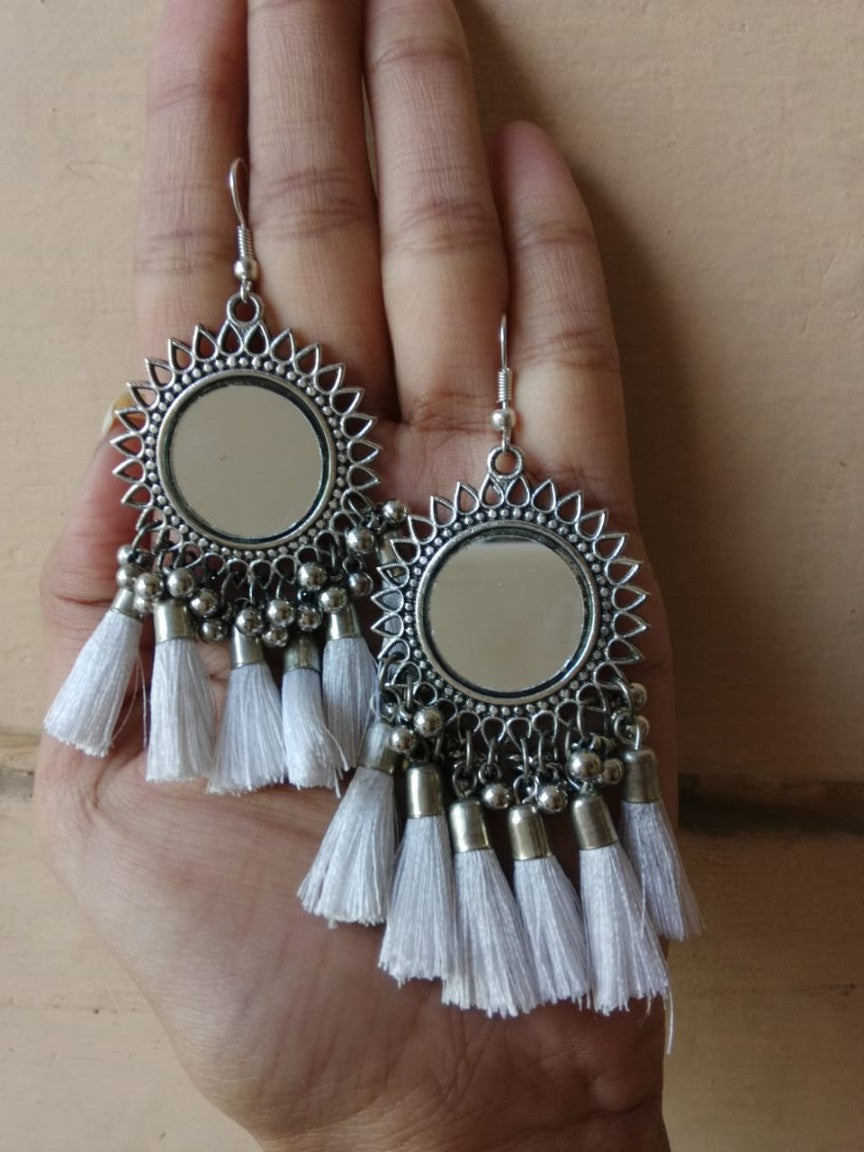 Oxidised Silver Afghani Mirror With Teal tassels Earring