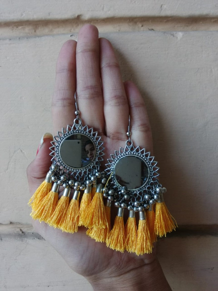 Oxidised Silver Afghani Mirror With Teal tassels Earring