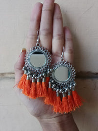 Oxidised Silver Afghani Mirror With Teal tassels Earring