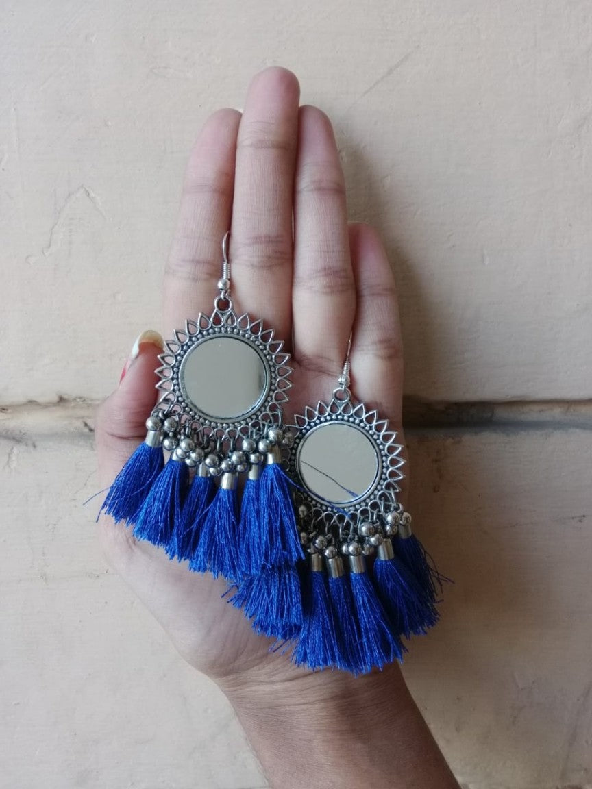 Oxidised Silver Afghani Mirror With Teal tassels Earring