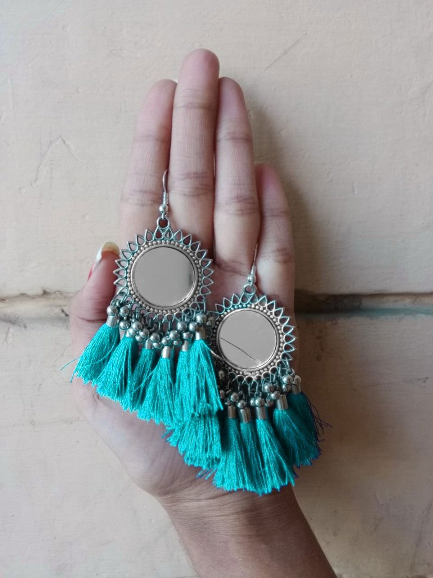Oxidised Silver Afghani Mirror With Teal tassels Earring
