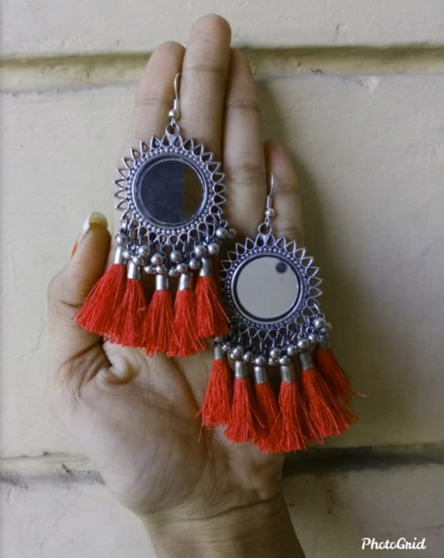 Oxidised Silver Afghani Mirror With Teal tassels Earring