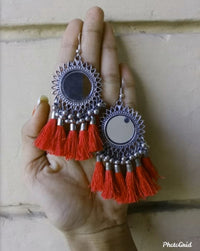 Oxidised Silver Afghani Mirror With Teal tassels Earring