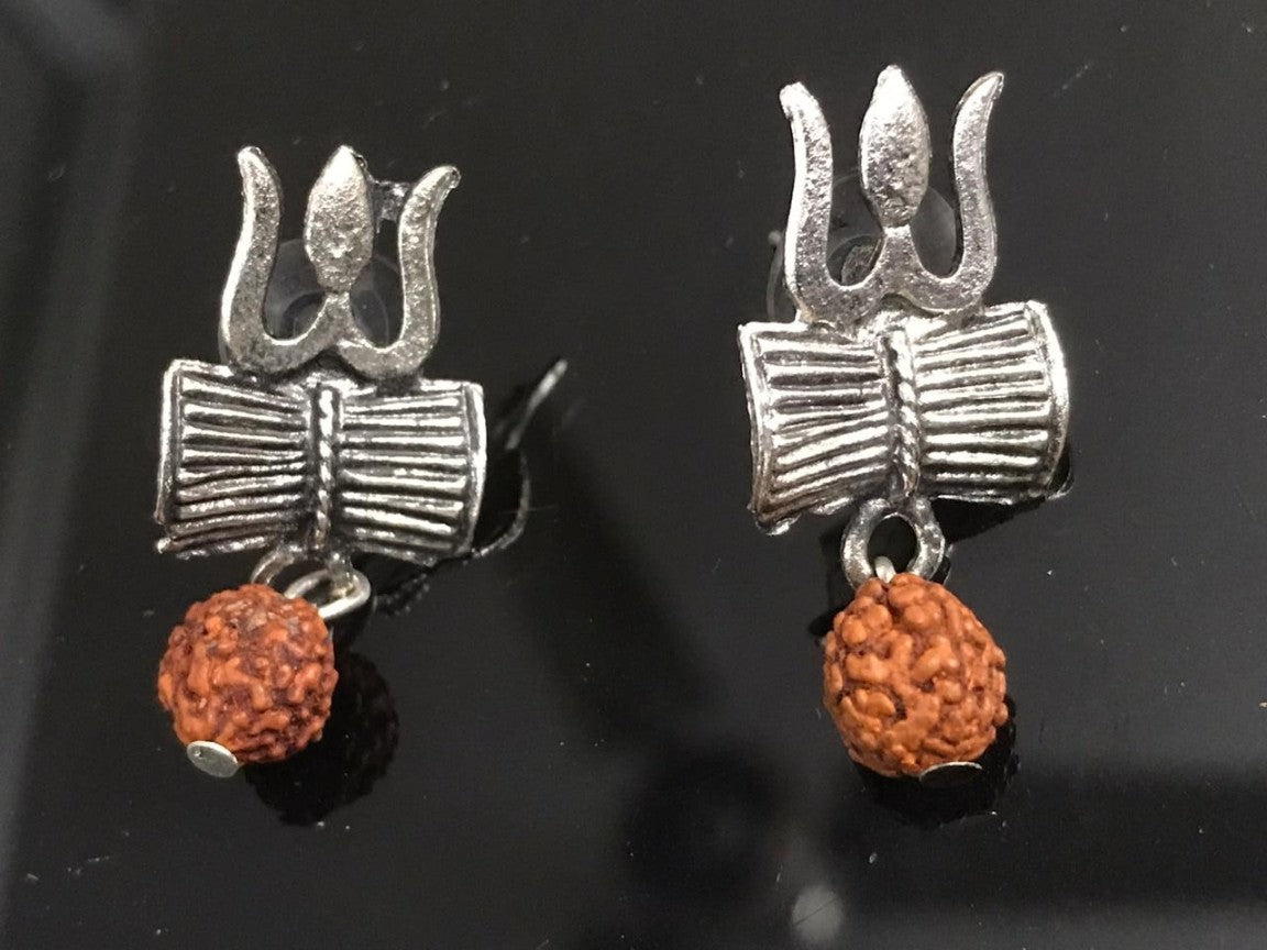 Traditional Oxidized SIlver Trishul Damru with Rudraksha Dangler Light Weight Earring