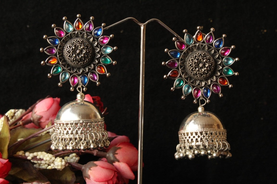 Oxidized Silver Multi Stone Flower Design Stud with Jhumki Earring