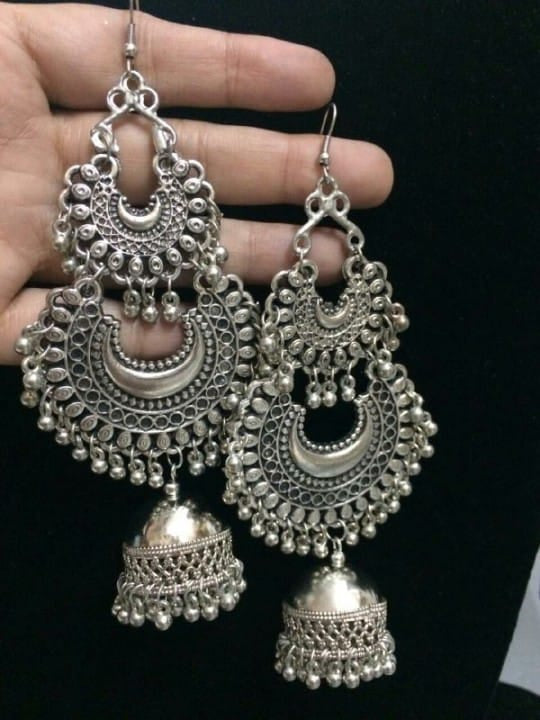 Oxidized Silver Afghani 2 Layer Chandbali Jhumki Earring