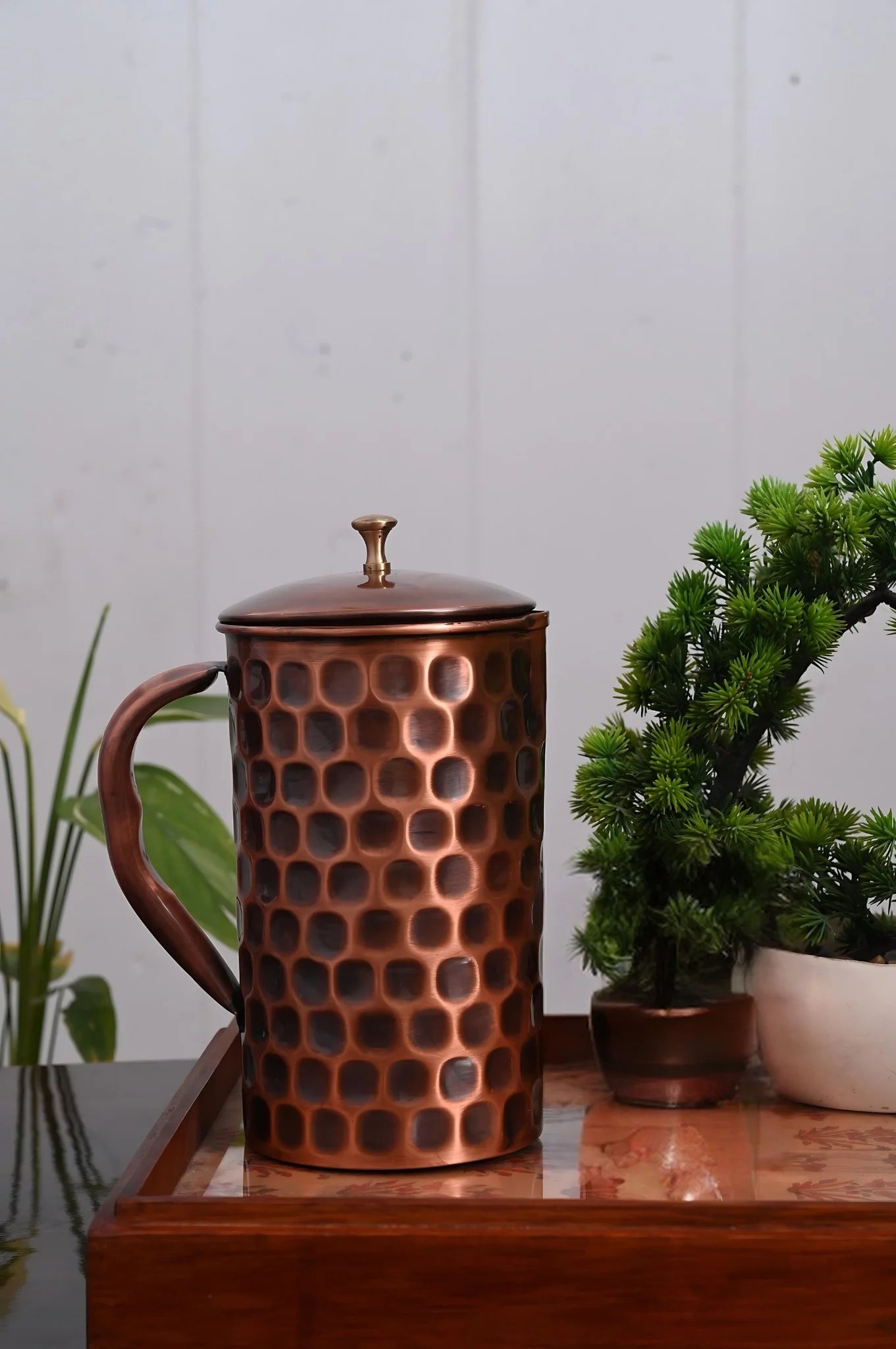 SAINORA  Pure Copper Mirror-Silver Touch Jug, Pitcher with Brass Knob on Lid, Serve ware, Drinkware – 1000ml